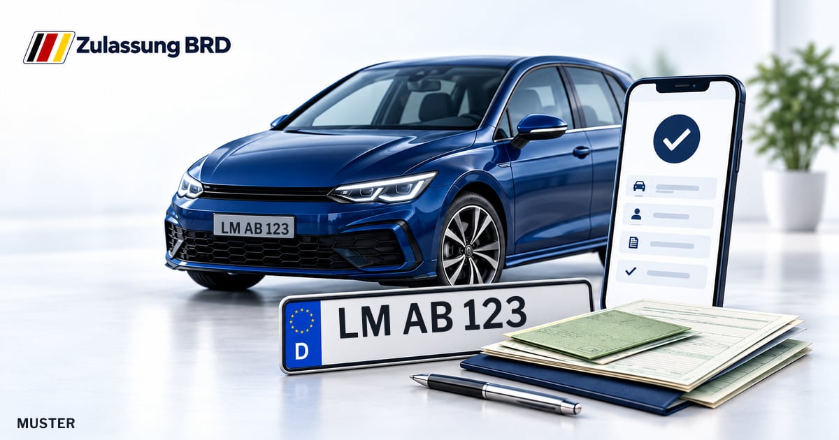 Online Fahrzeugzulassung in Mengerskirchen: Musterkennzeichen LM AB 123, Auto und Fahrzeugpapiere und Smartphone. Illustration mit Logo von Zulassung BRD.